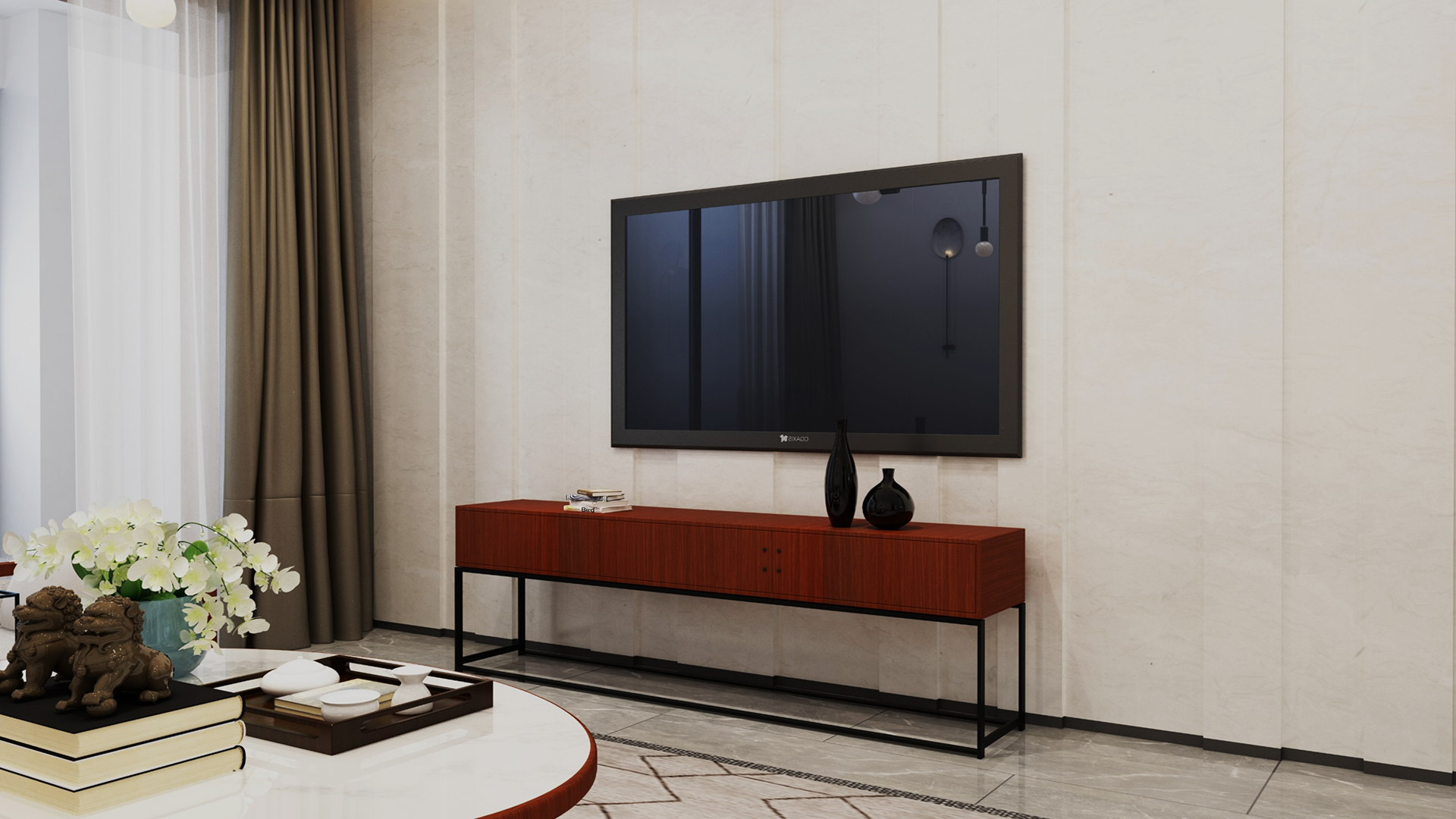 Wood laminate TV stand in modern living room with marble wall and floor, decorative vases and flowers on coffee table