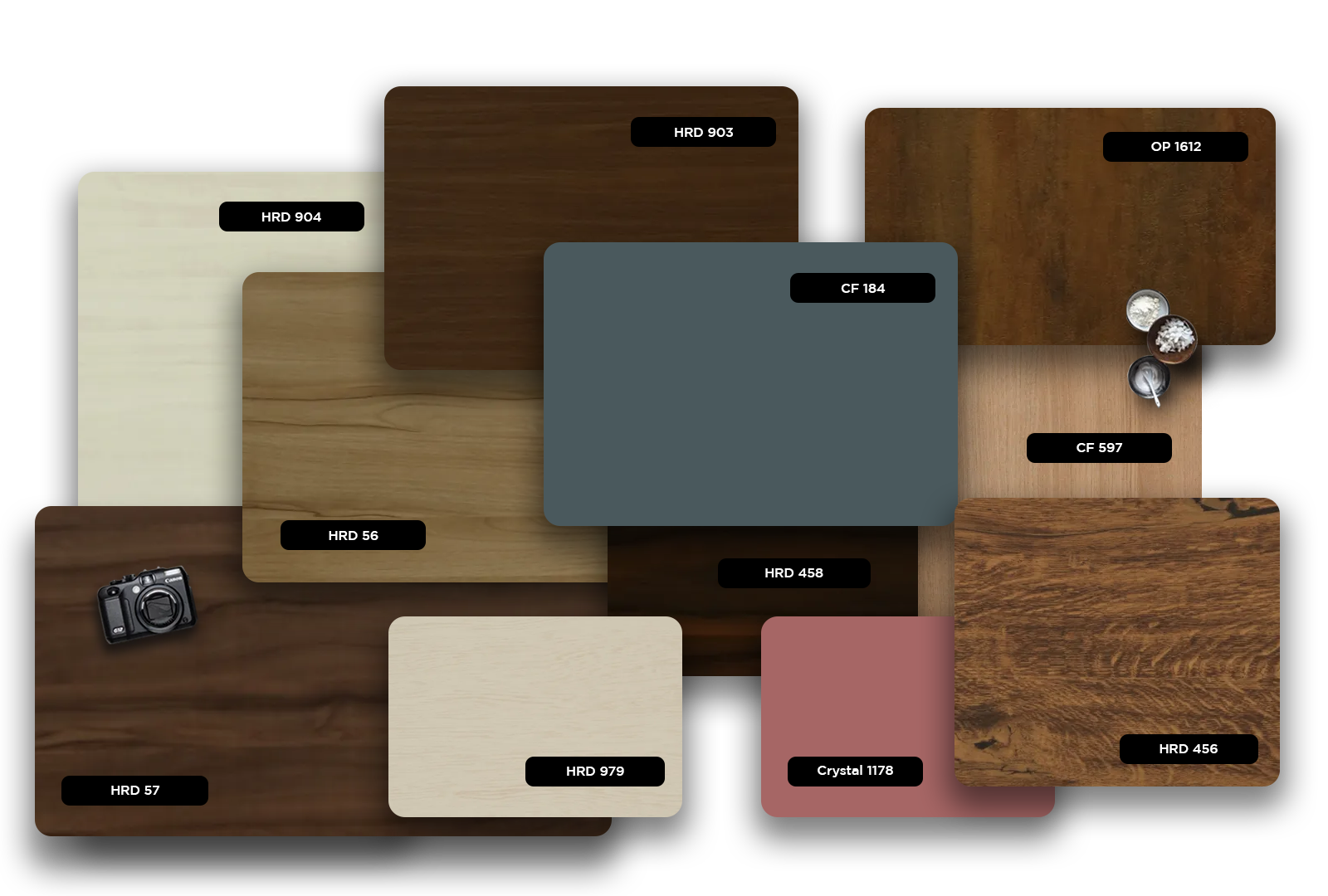 Multi-coloured wood grain laminate with matte finish and various wood textures displayed in different colour swatches.