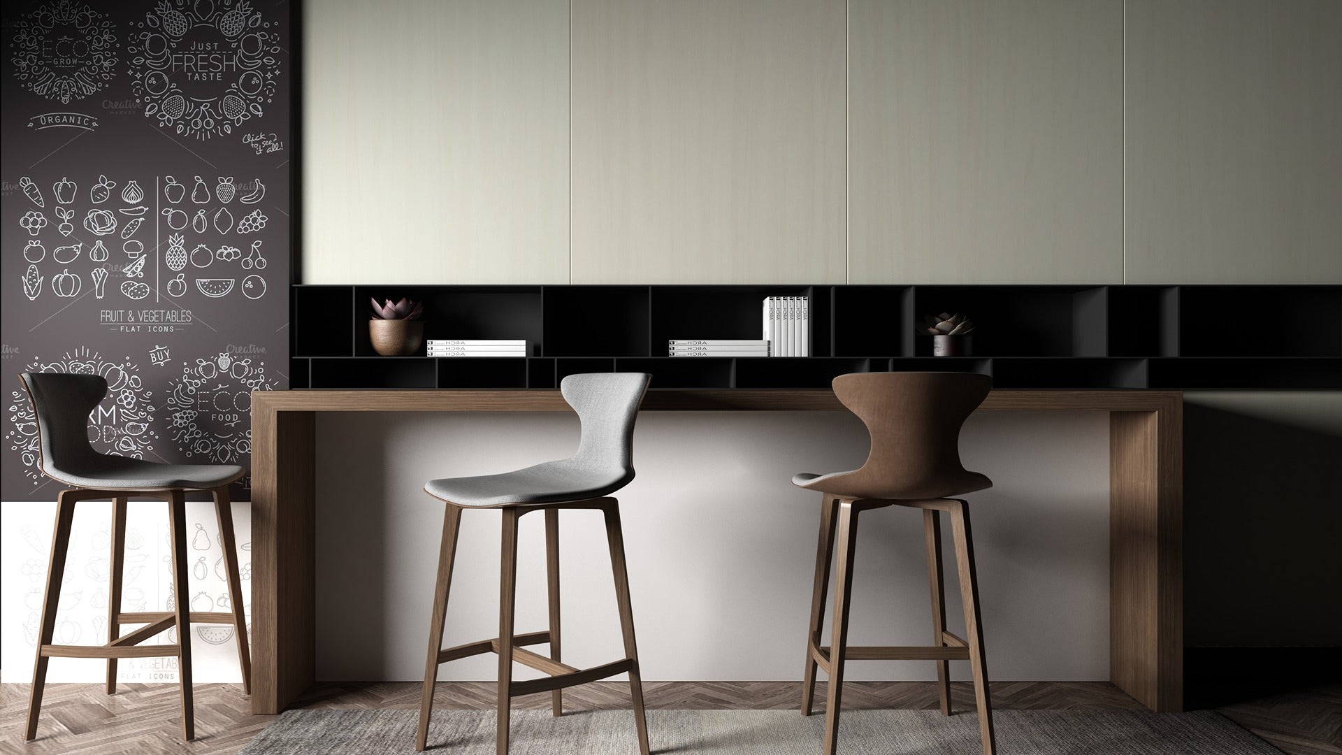 Multi-colour wood grain laminate with matte finish used on modern kitchen cabinets and counter stools in a minimalist setting