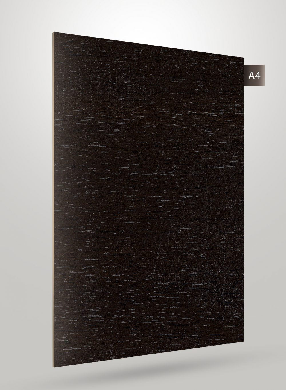 Black matte decorative laminate with wood grain texture and subtle pattern, displayed on a light gray background with code