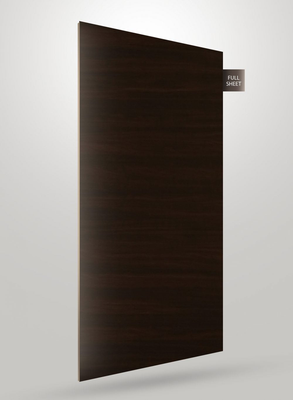 Black matte wood laminate sheet with wood grain texture and subtle sheen, labeled full sheet.