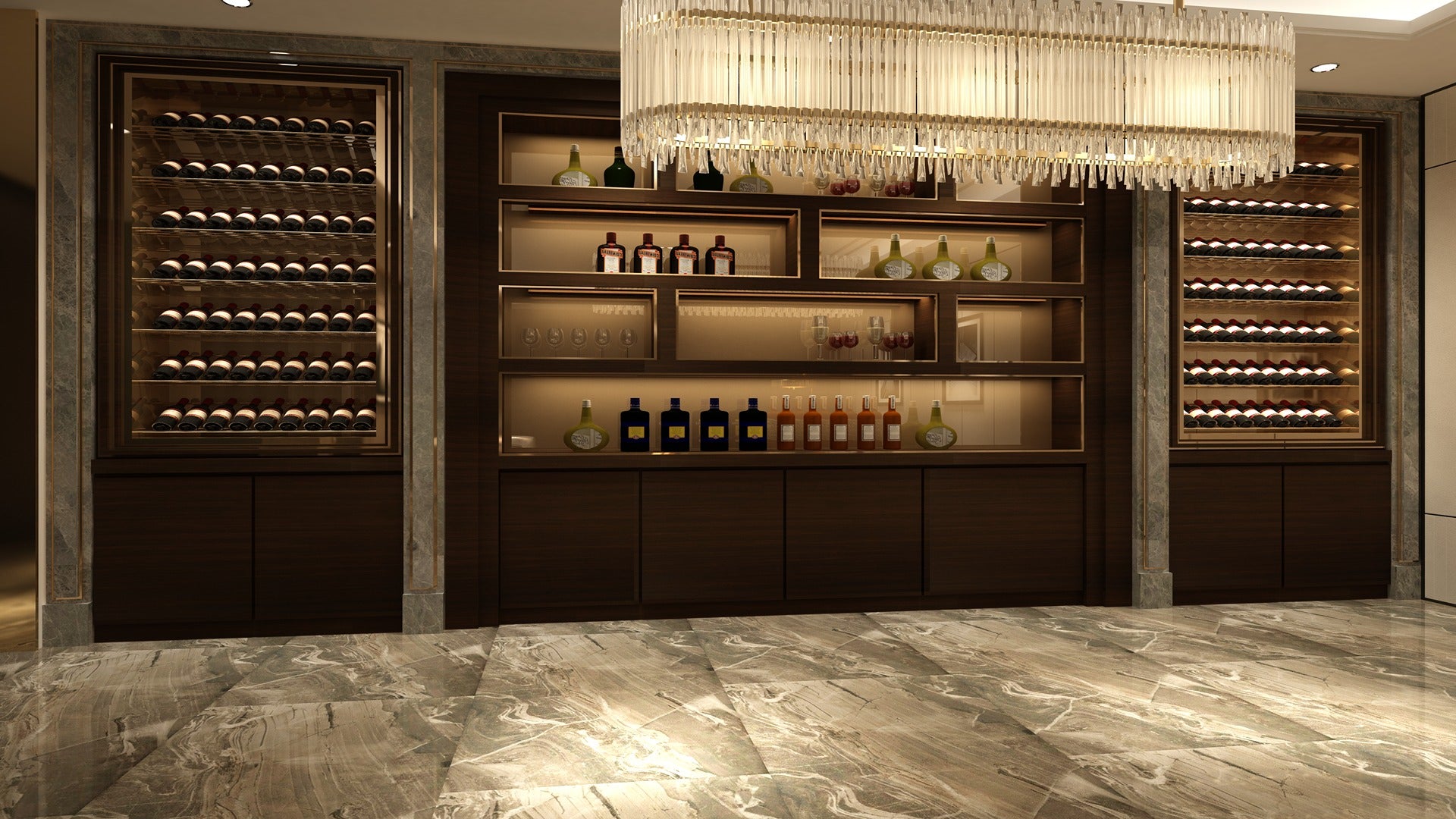Black wood laminate with matte finish and wood grain texture used in a luxurious wine cellar with dark wood shelving units