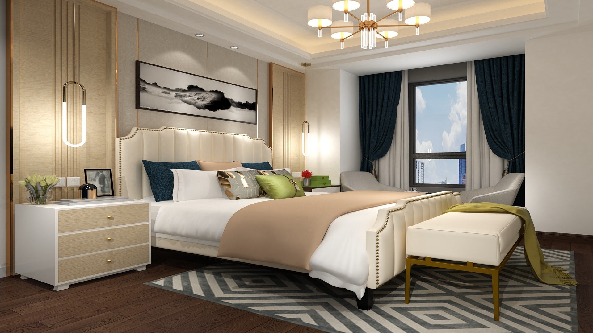 Wood laminate wall paneling with textured finish in modern bedroom setting with neutral tones and patterned rug