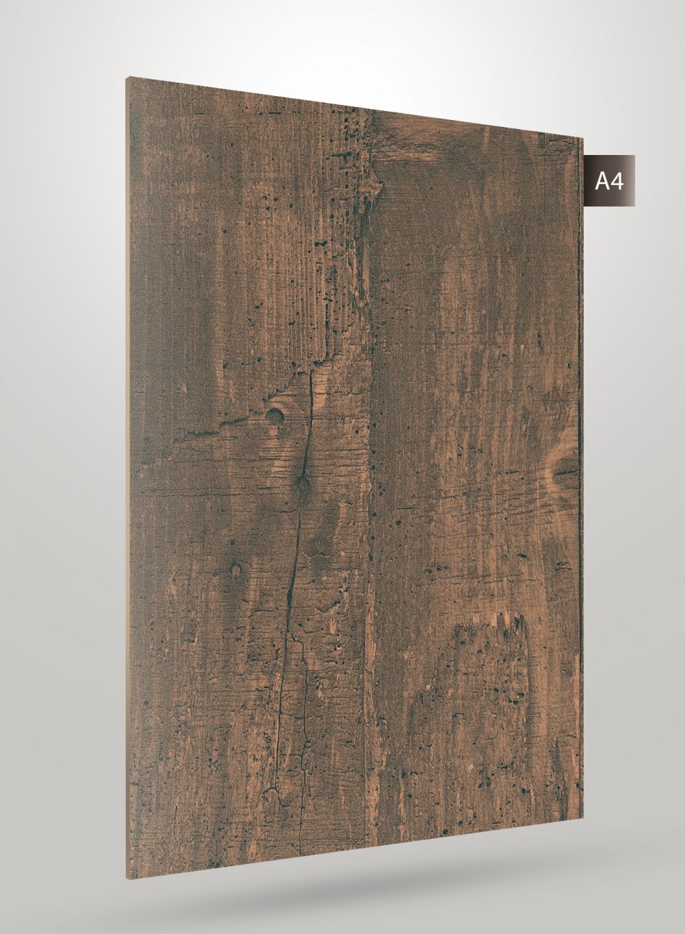 Brown wood grain decorative laminate with matte finish and textured surface showing natural wood pattern and imperfections.