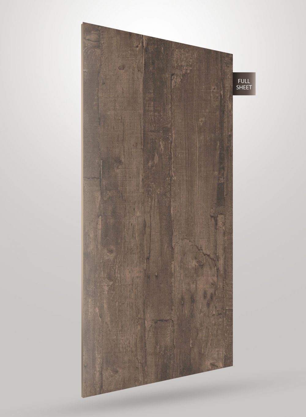 Brown wood grain decorative laminate with matte finish and textured pattern, labeled full sheet.
