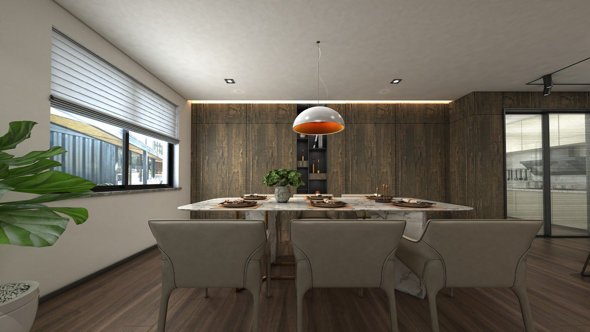 Brown wood grain laminate wall in dining room with matte finish and textured pattern resembling wooden planks.