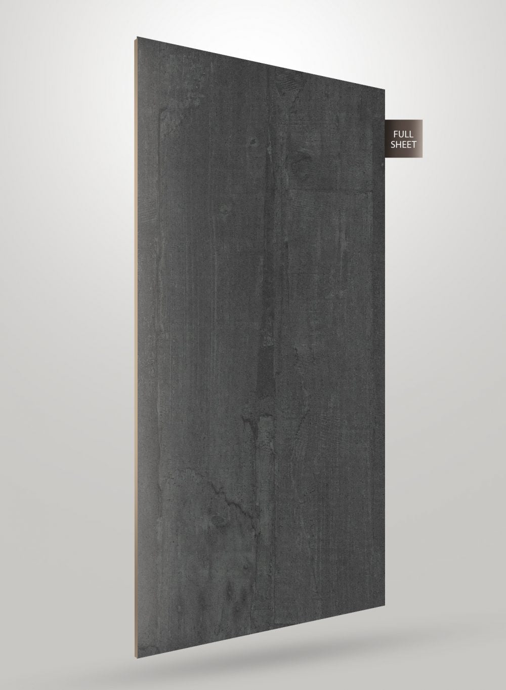 Dark grey wood grain decorative laminate with matte finish and textured surface, showing full sheet with visible wood