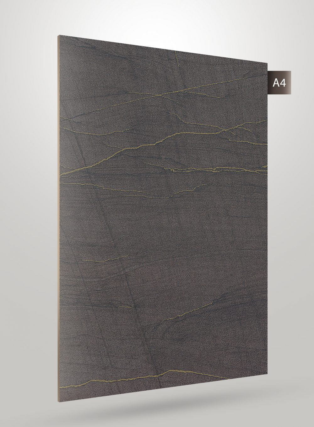 Dark grey marble laminate with gold veins and matte finish, displaying a textured surface and subtle veining pattern.
