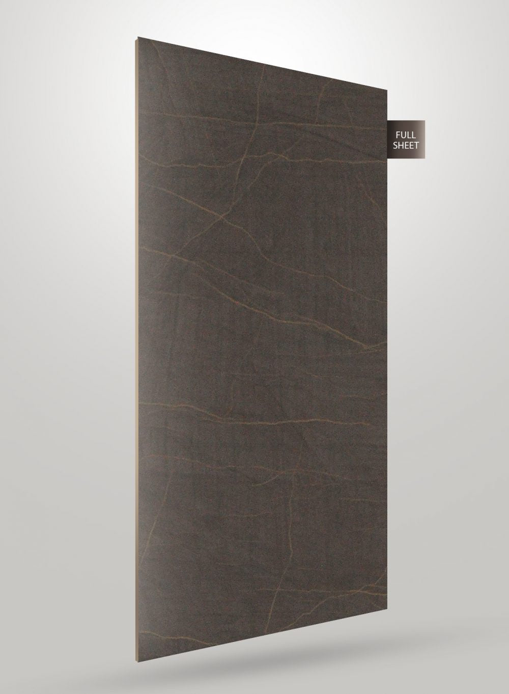 Dark brown marble laminate sheet with gold veining and matte finish, shown at an angle with full sheet label.