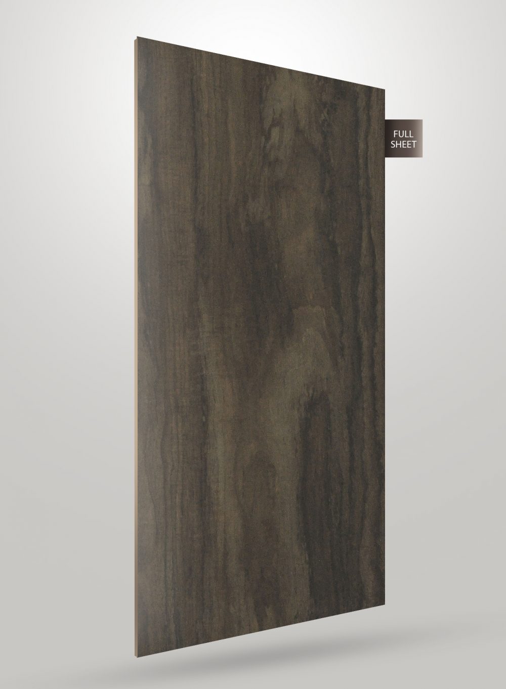 Dark brown wood grain laminate sheet with matte finish and visible texture, labeled full sheet.