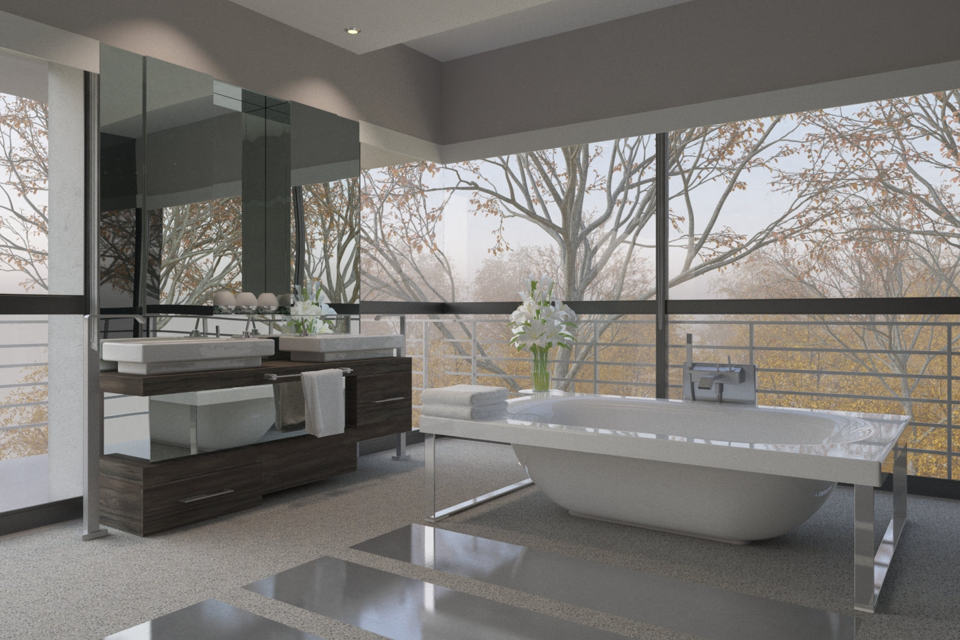Beige patterned laminate in modern bathroom setting with matte finish and textured design on vanity and floor accents
