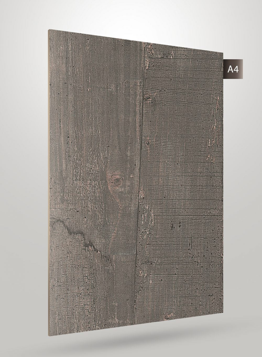 Grey wood grain decorative laminate with matte finish and textured surface showing wood pattern and knots.