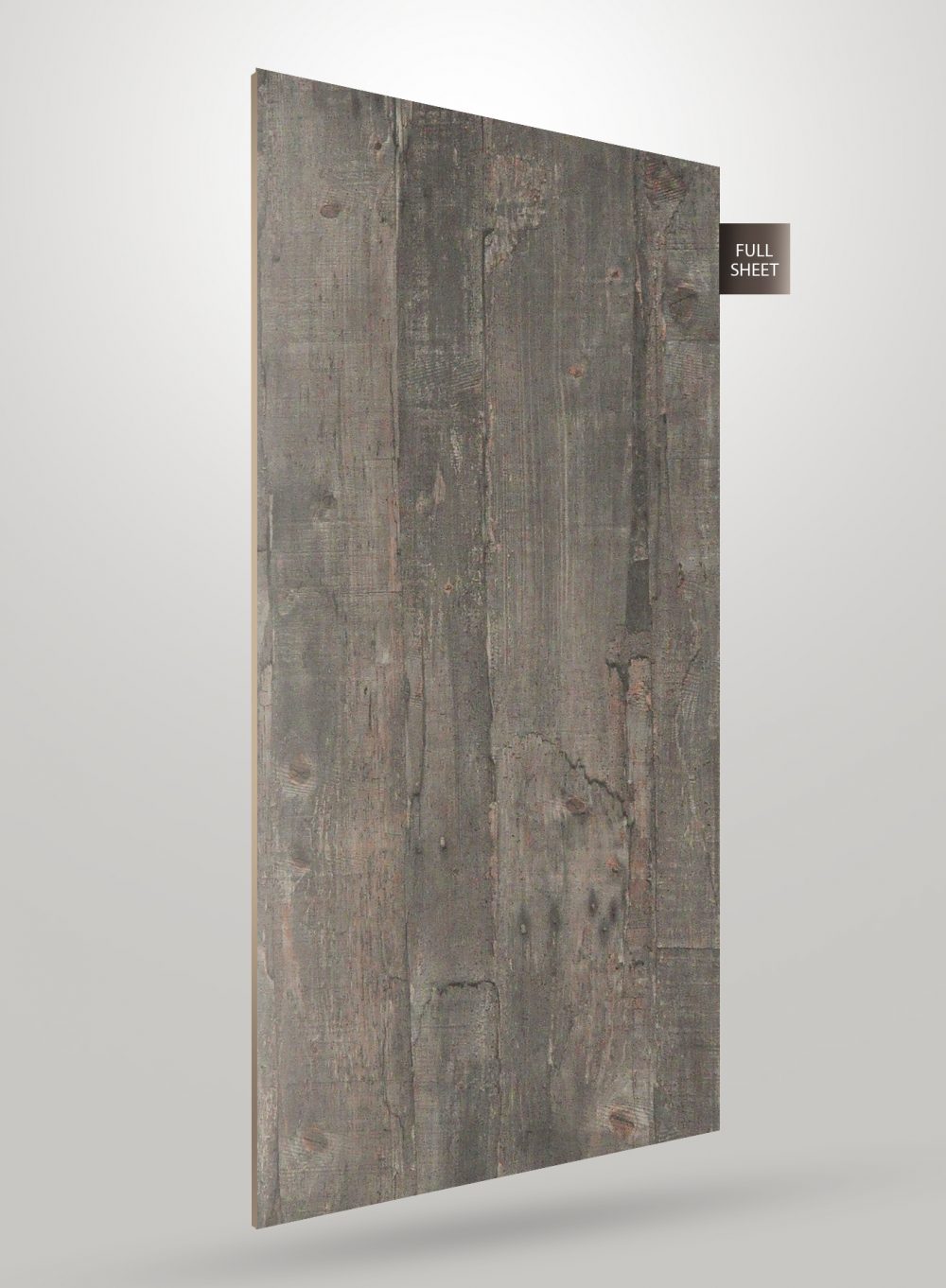 Grey wood grain decorative laminate with matte finish and textured surface showing wood knots and cracks.