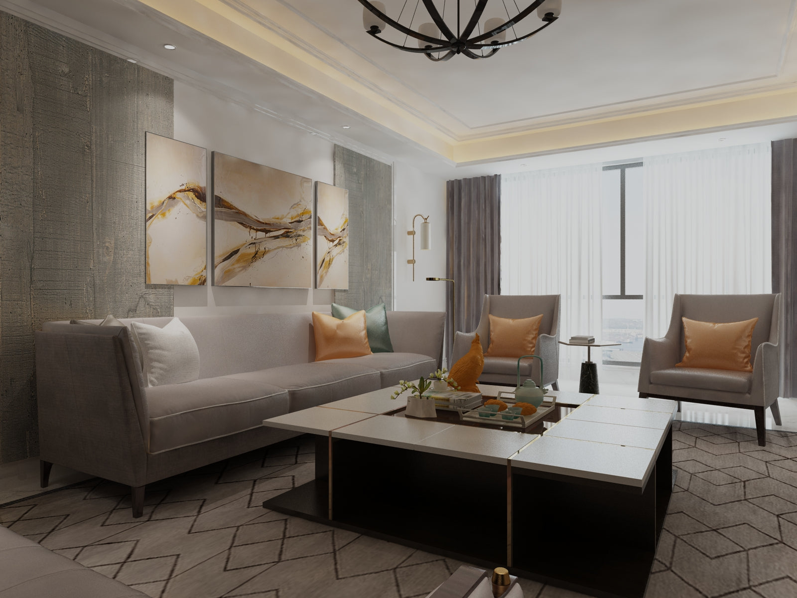 Grey wood laminate wall with matte finish and wood grain texture in modern living room interior design setting