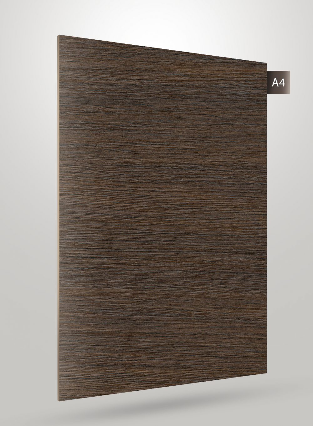 Brown wood grain decorative laminate with matte finish and horizontal texture pattern on a rectangular sheet.