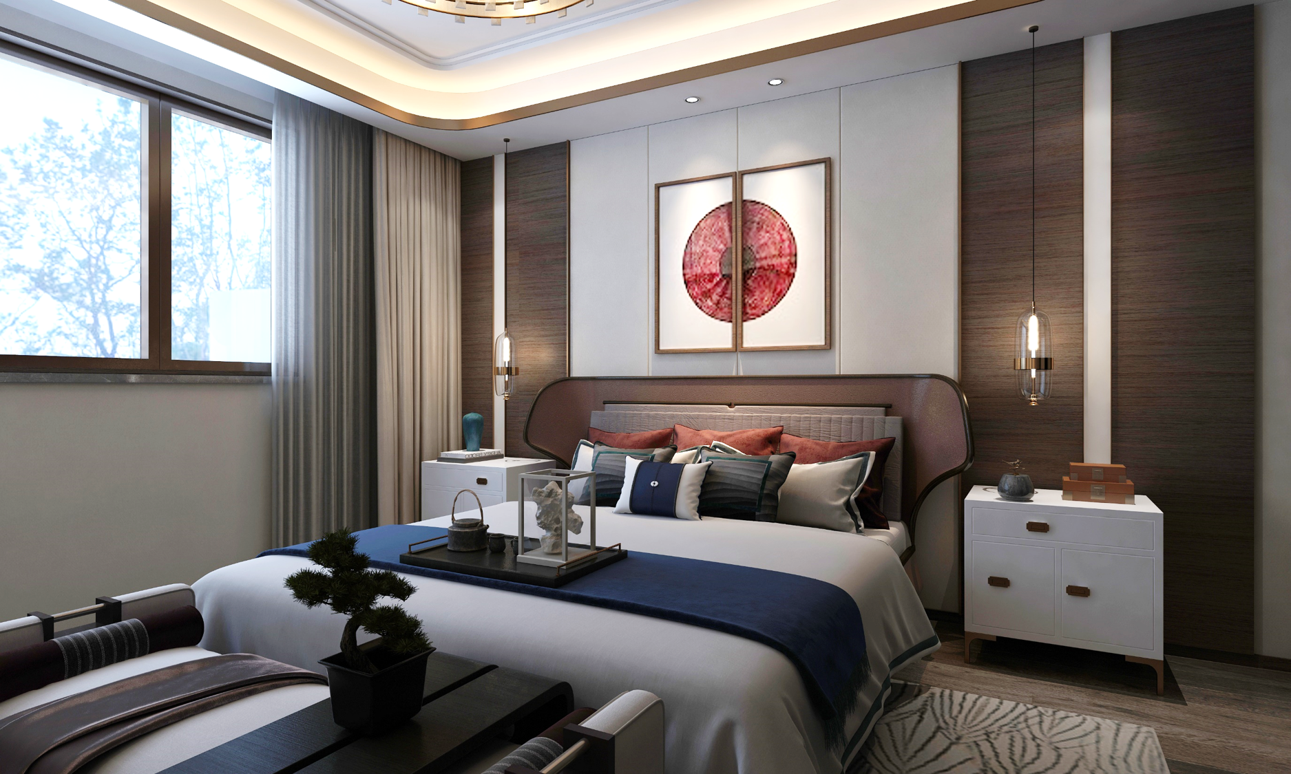 Brown wood laminate wall panels in modern bedroom with white furniture and decorative accents, showcasing matte finish and