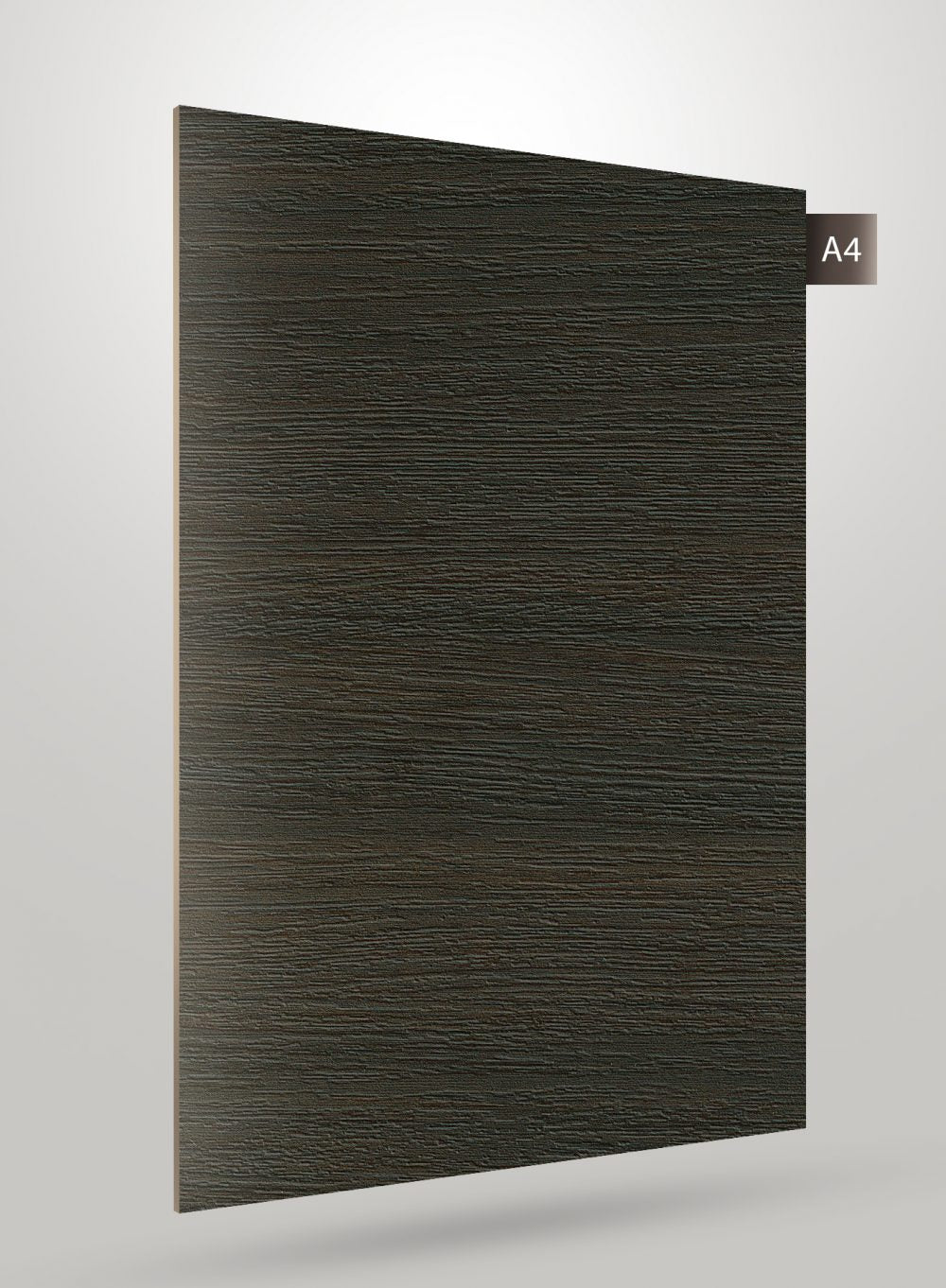 Dark brown wood grain decorative laminate with matte finish and visible texture on a grey background with A4 label.