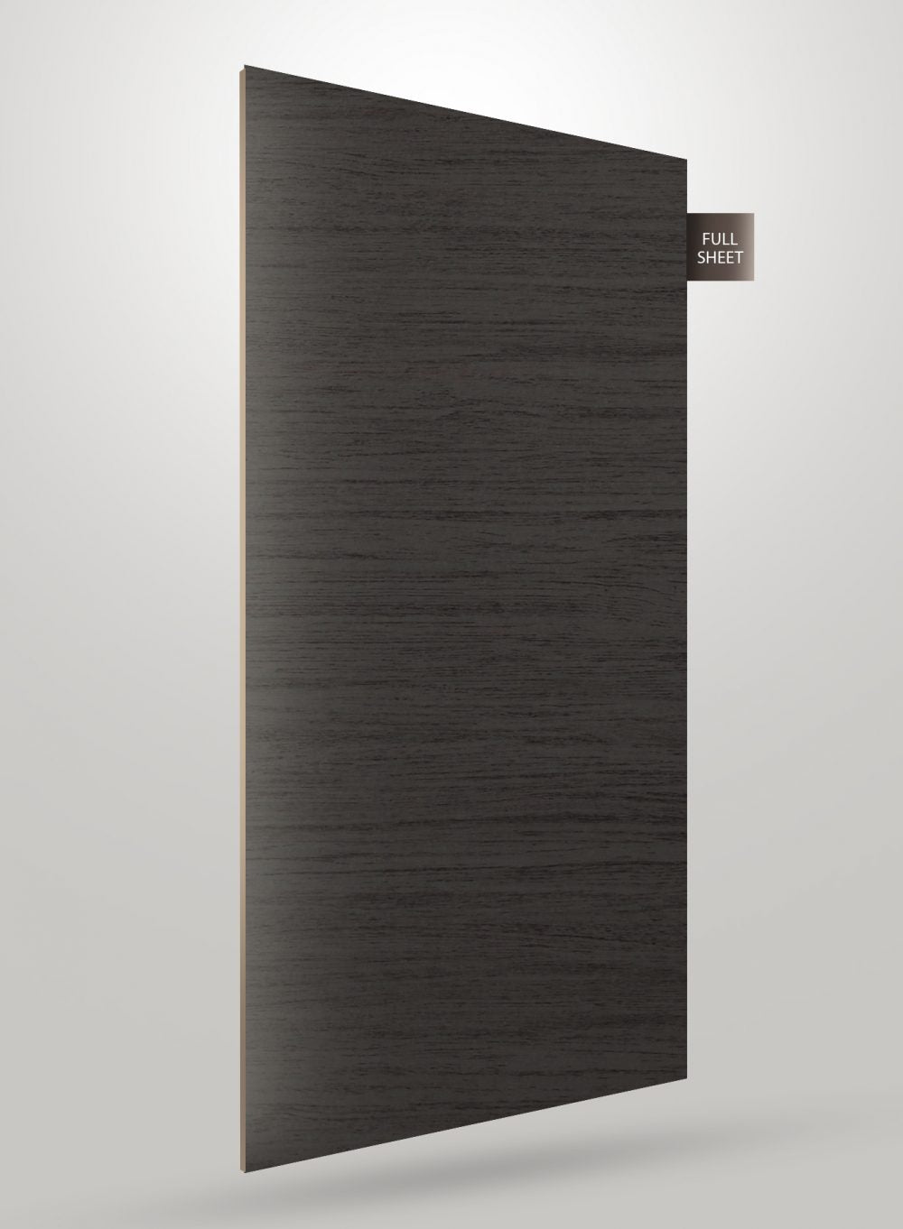 Dark grey wood grain decorative laminate with matte finish and visible wood texture on a full sheet.