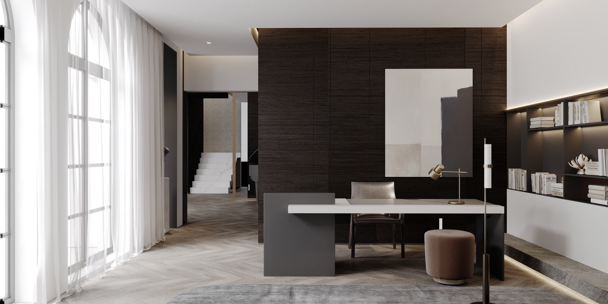 Dark wood laminate wall with wood grain texture in modern office space with desk and bookshelves