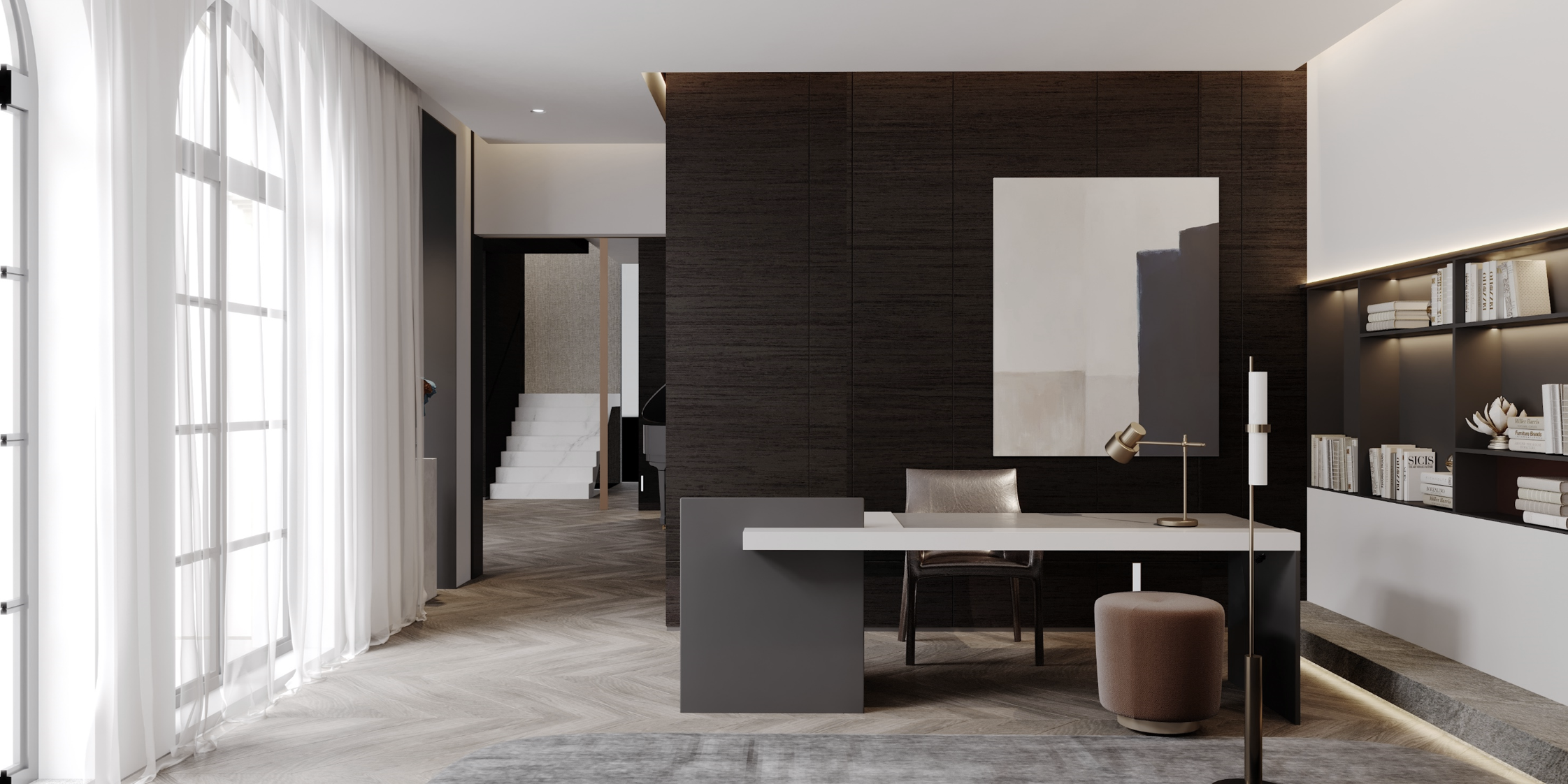 Dark wood laminate wall with wood grain texture in modern office space with desk and bookshelves