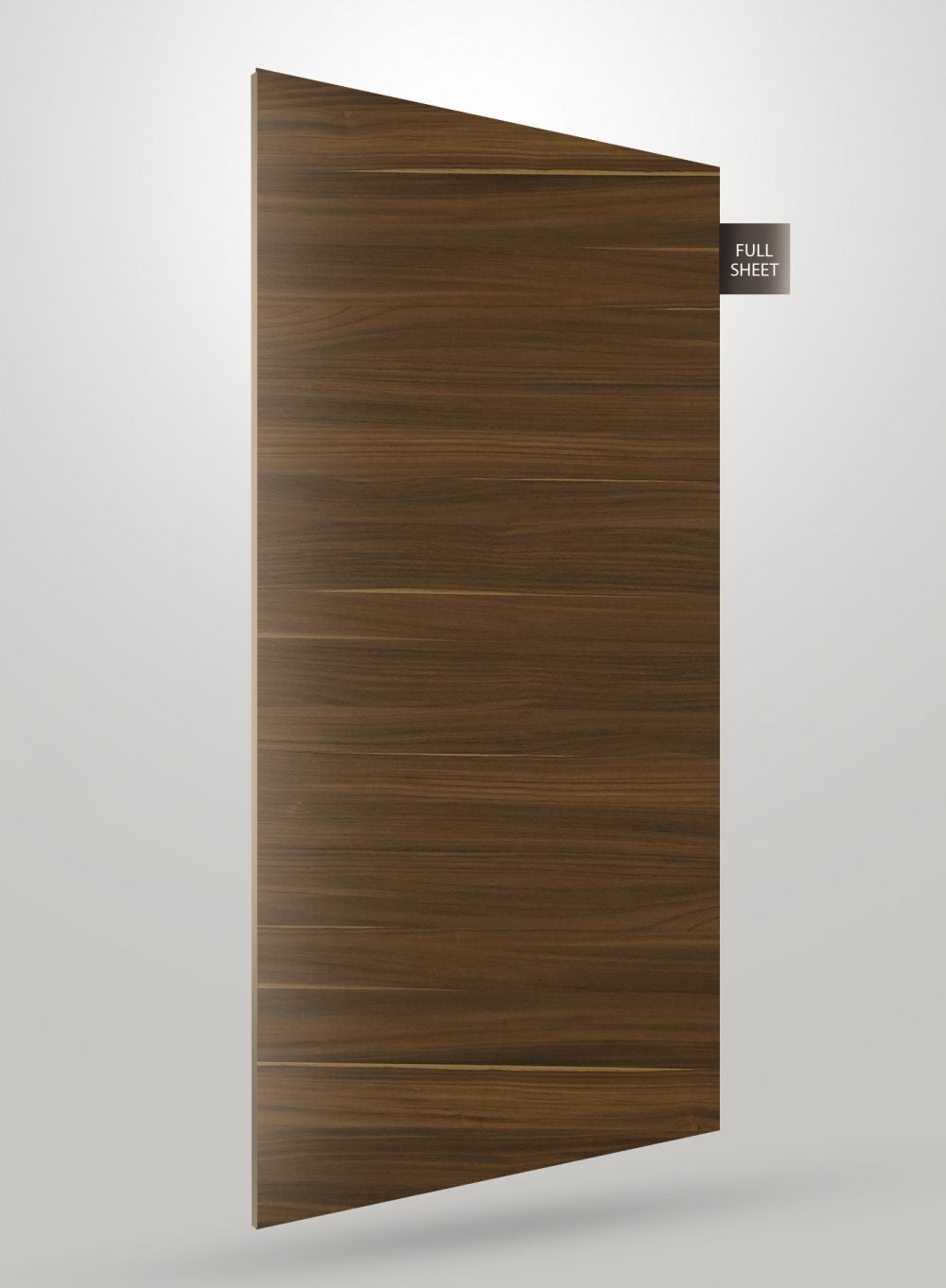 Brown wood grain decorative laminate sheet with matte finish and striped pattern, displayed at an angle.