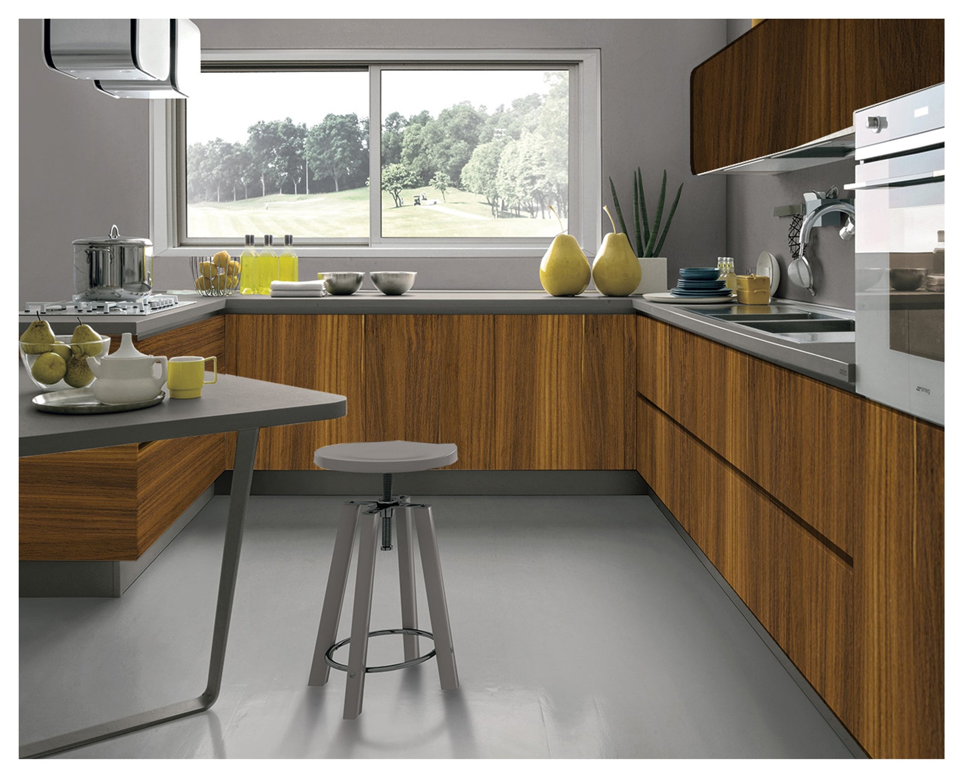 Brown wood laminate kitchen cabinets with wood grain texture and matte finish in modern kitchen setting