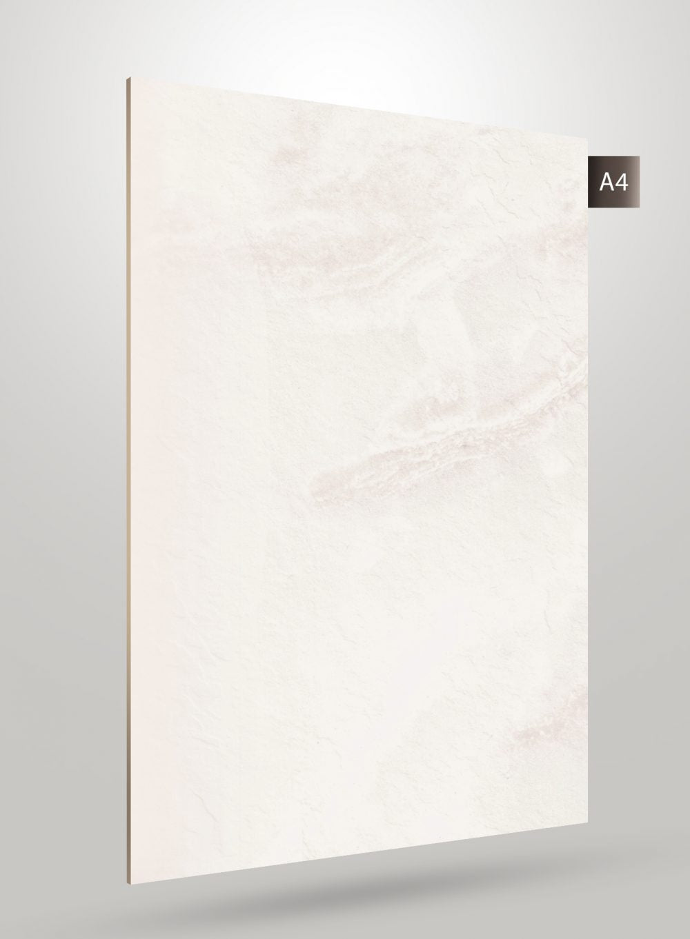 White marble laminate sheet with subtle veining and matte finish, displayed at an angle with visible thickness.