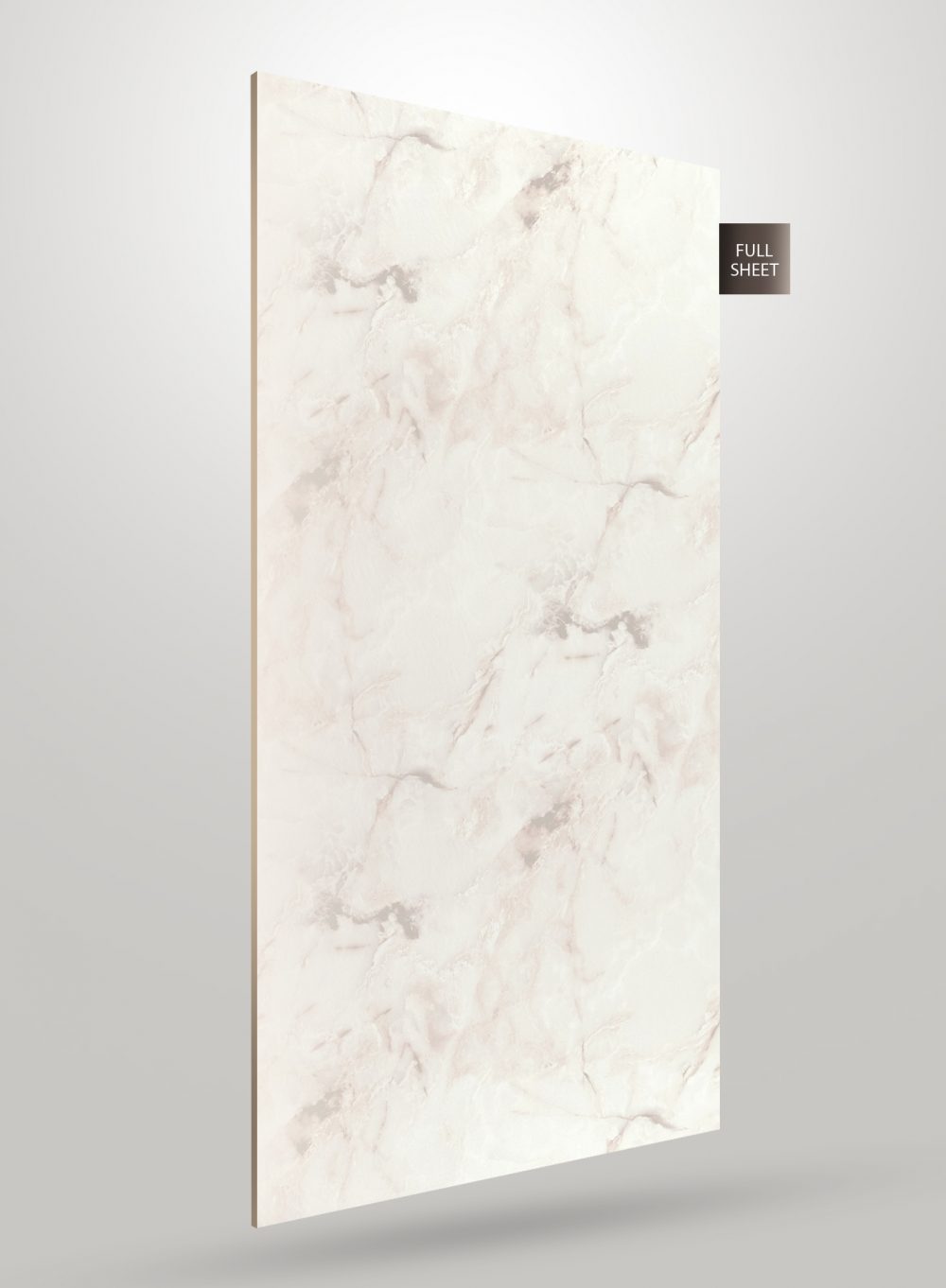 White marble laminate sheet with subtle veining and matte finish, displayed at an angle with full sheet label.
