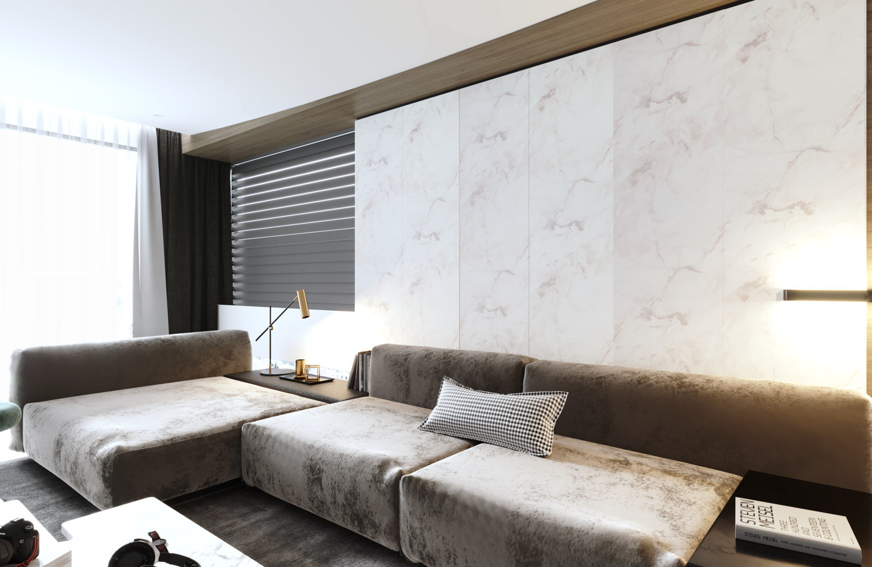 White marble laminate wall in modern living room with gray sofa and minimal decor, showcasing matte finish and veining