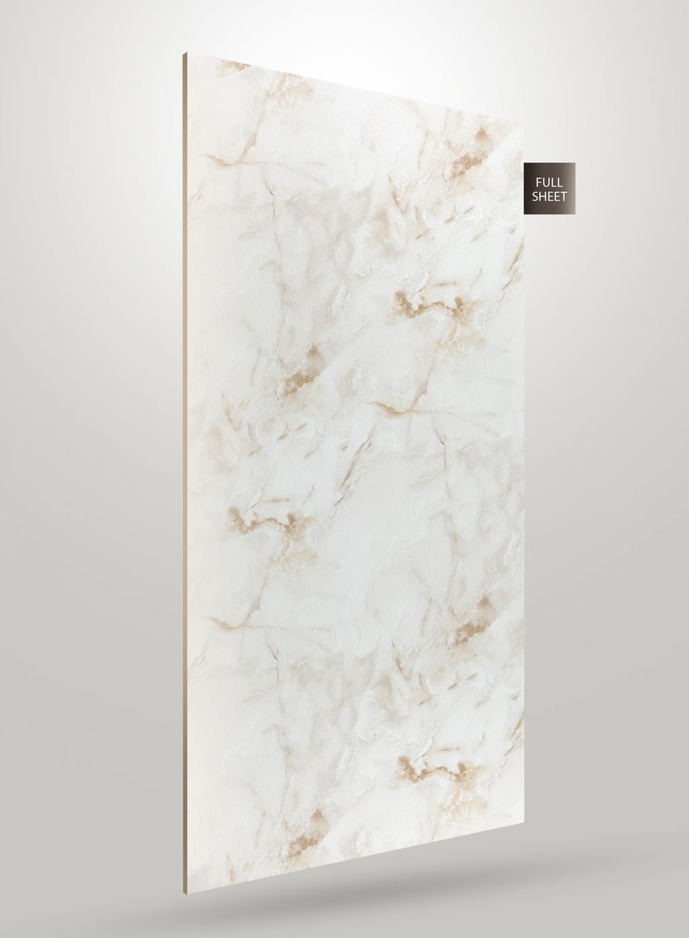Cream marble laminate sheet with beige veining and matte finish, displayed upright with full sheet label.