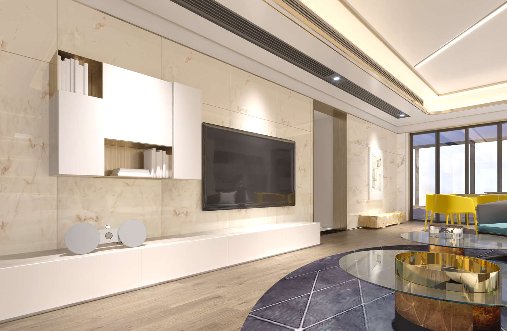 Cream marble laminate wall with subtle veining and matte finish in a modern living room interior design setting
