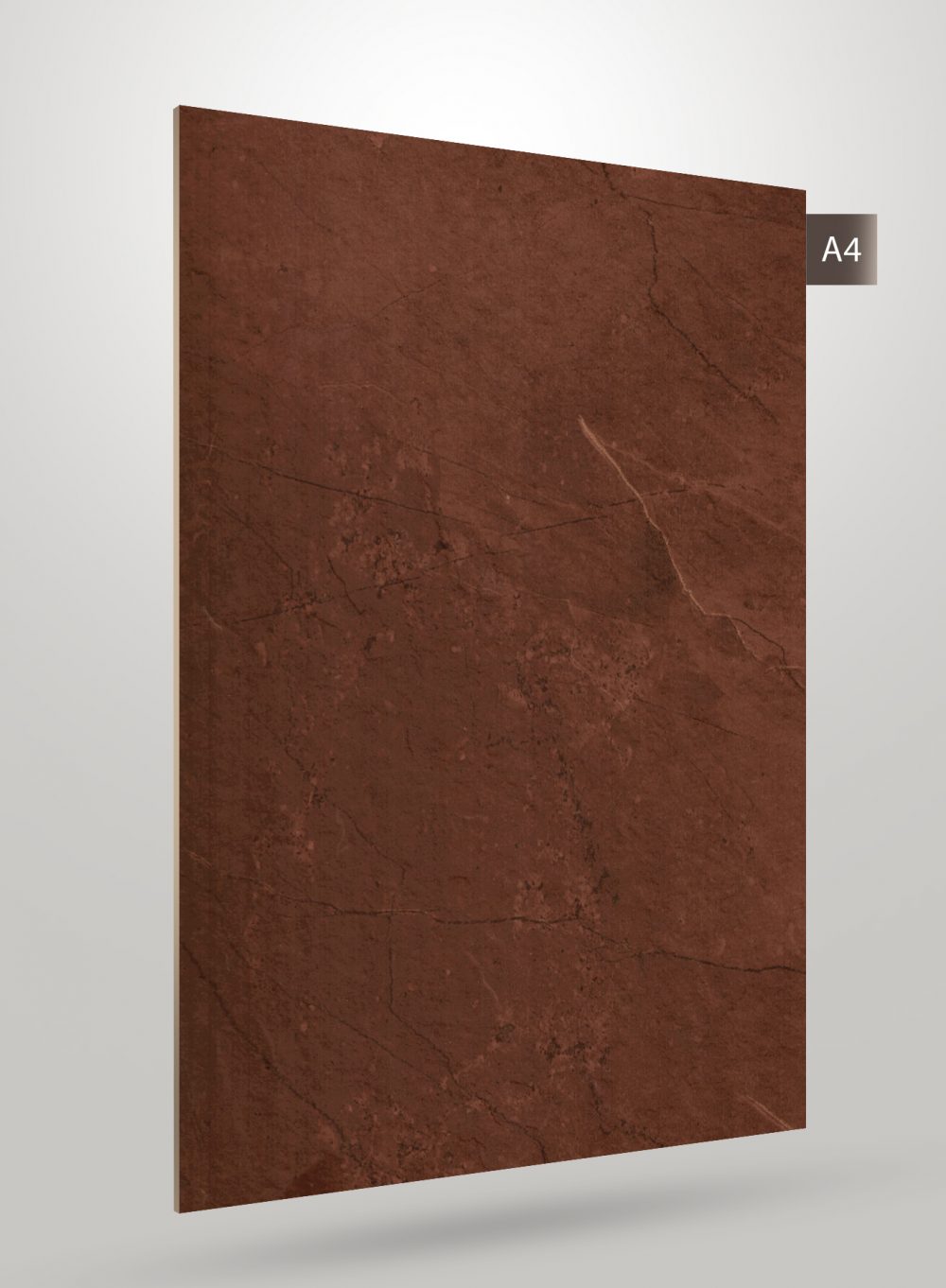 Brown marble laminate with matte finish and veining pattern, decorative stone design on rectangular sheet.