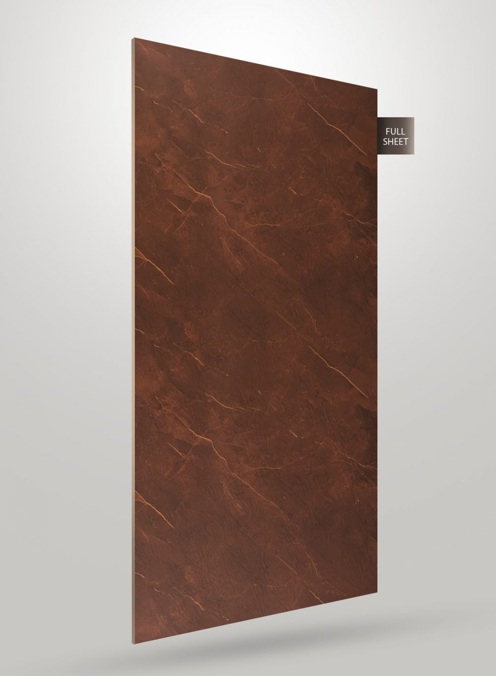 Brown marble laminate sheet with golden veins and matte finish, displayed at an angle with full sheet label.