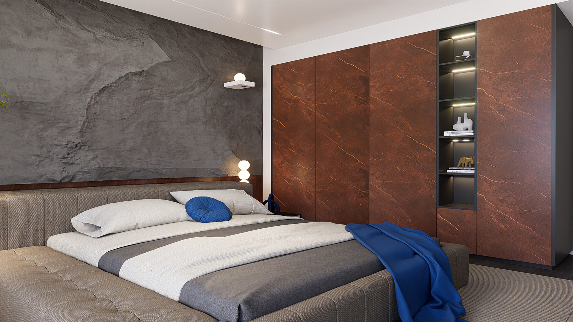 Brown marble laminate wall panels with gold veining in a modern bedroom with built-in shelving and gray accent wall