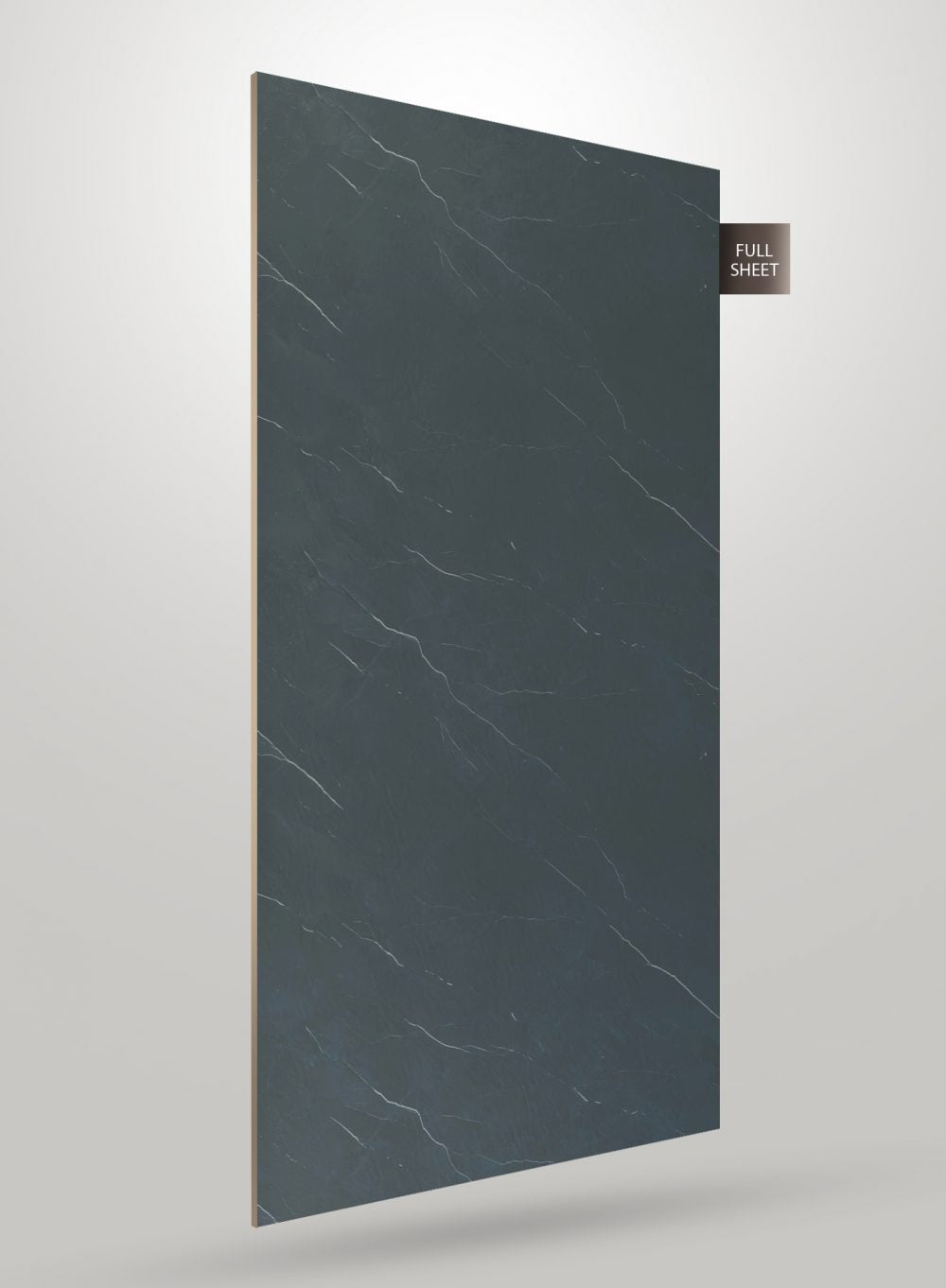 Grey marble laminate sheet with white veining and matte finish, shown as full sheet with visible texture and pattern.