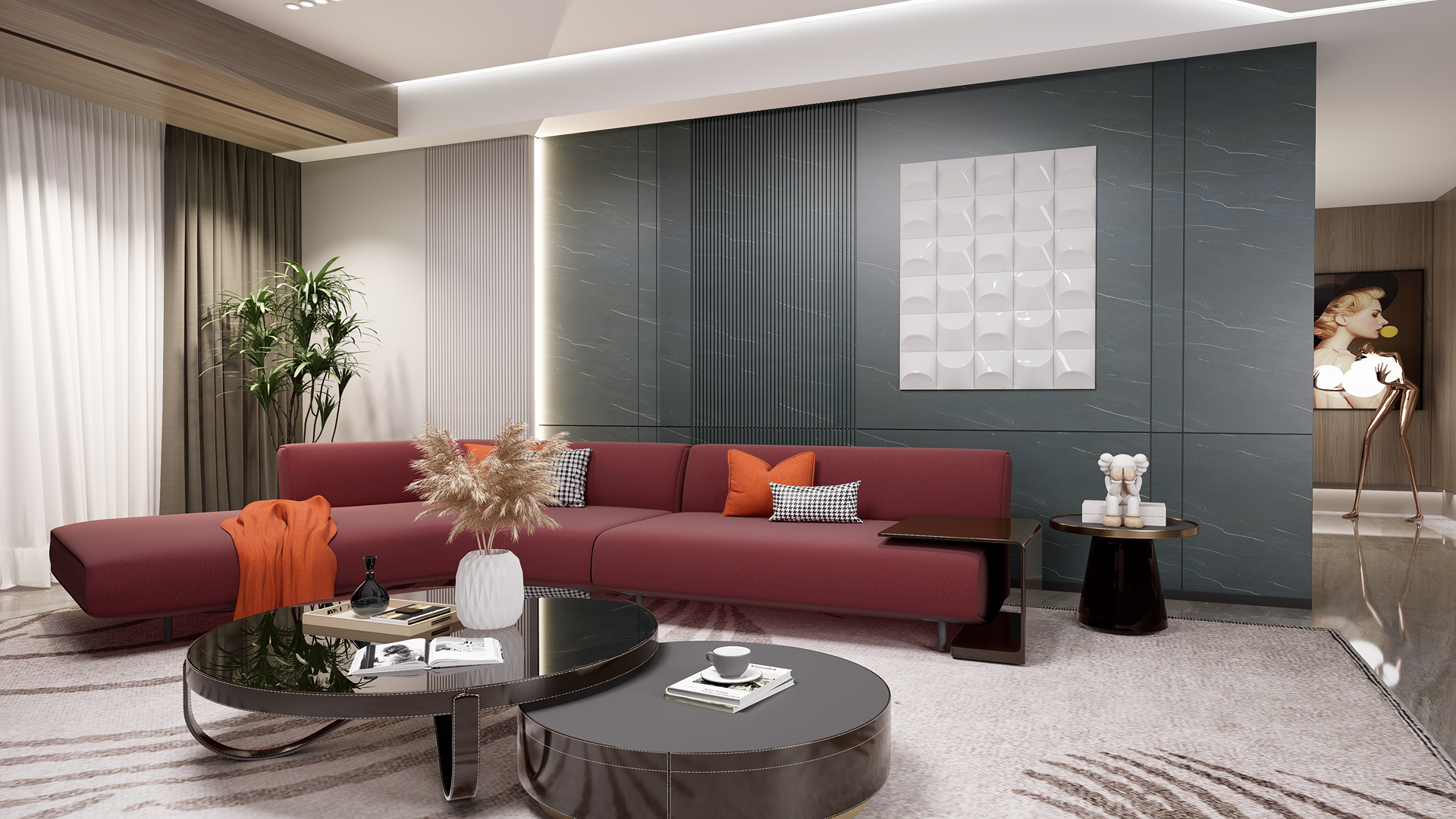 Grey marble laminate wall in modern living room with red sofa and decorative elements, showing matte finish and veining