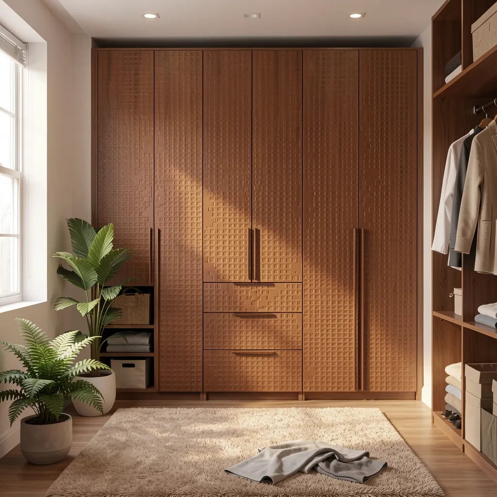 Brown laminate with textured geometric pattern and visible wood grain.