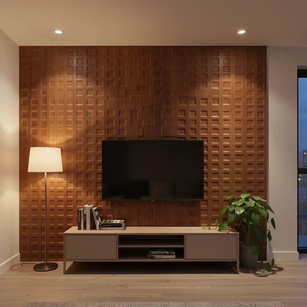 Brown laminate with textured geometric pattern and visible wood grain.