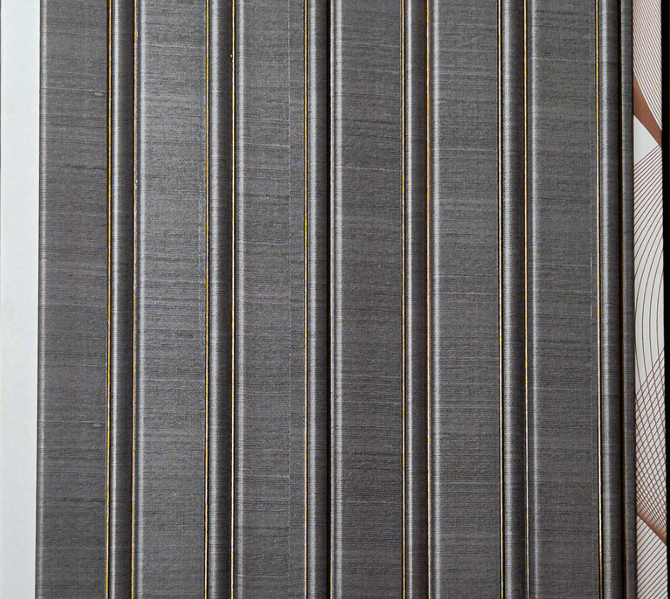 Metaluxe Grey Linen Fluted louver panel, a grey linen-texture fluted panel with fine gold pinstripe trim