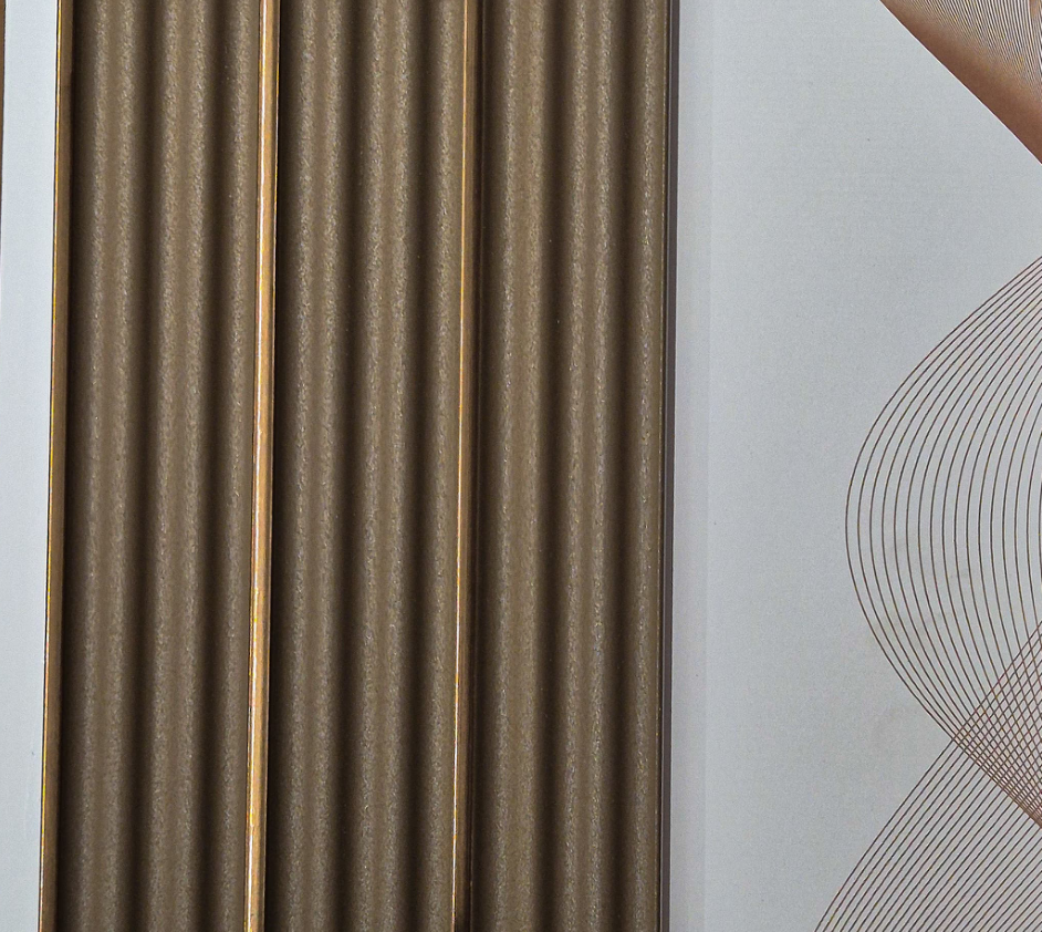 Metaluxe Bronze Taupe Fluted louver panel, a warm taupe-bronze fluted panel with gold pinstripe trim