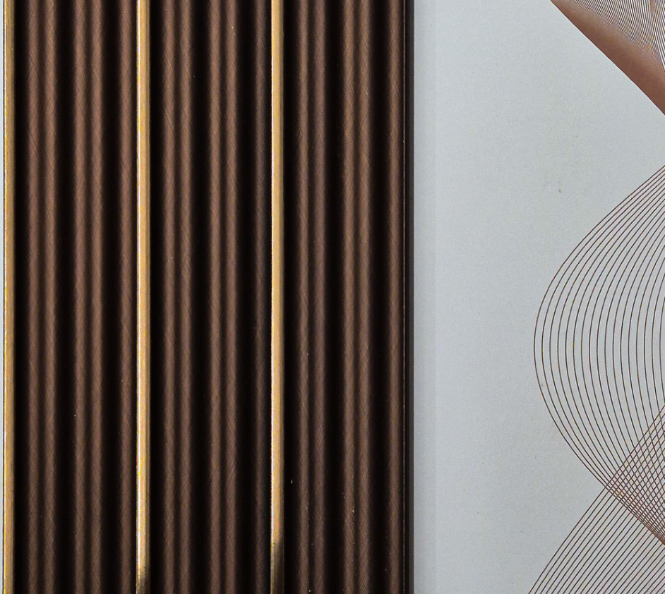 Metaluxe Espresso Fluted Panel louver panel, a rich espresso-brown fluted panel with gold pinstripe trim