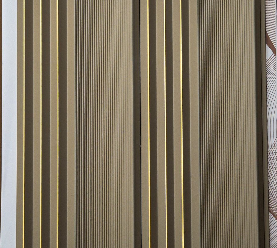 Metaluxe Olive Taupe Fluted louver panel, a taupe-and-olive fluted panel with gold pinstripe trim