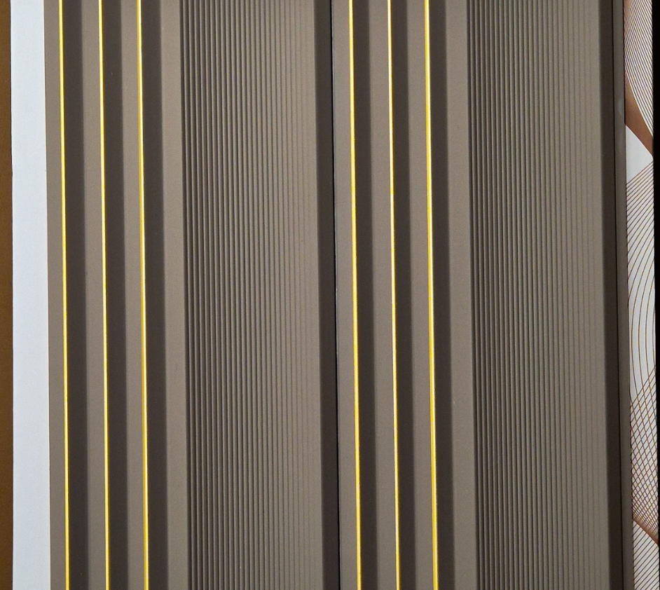 Metaluxe Grey Taupe Fluted louver panel, a grey-taupe fluted panel with gold pinstripe trim