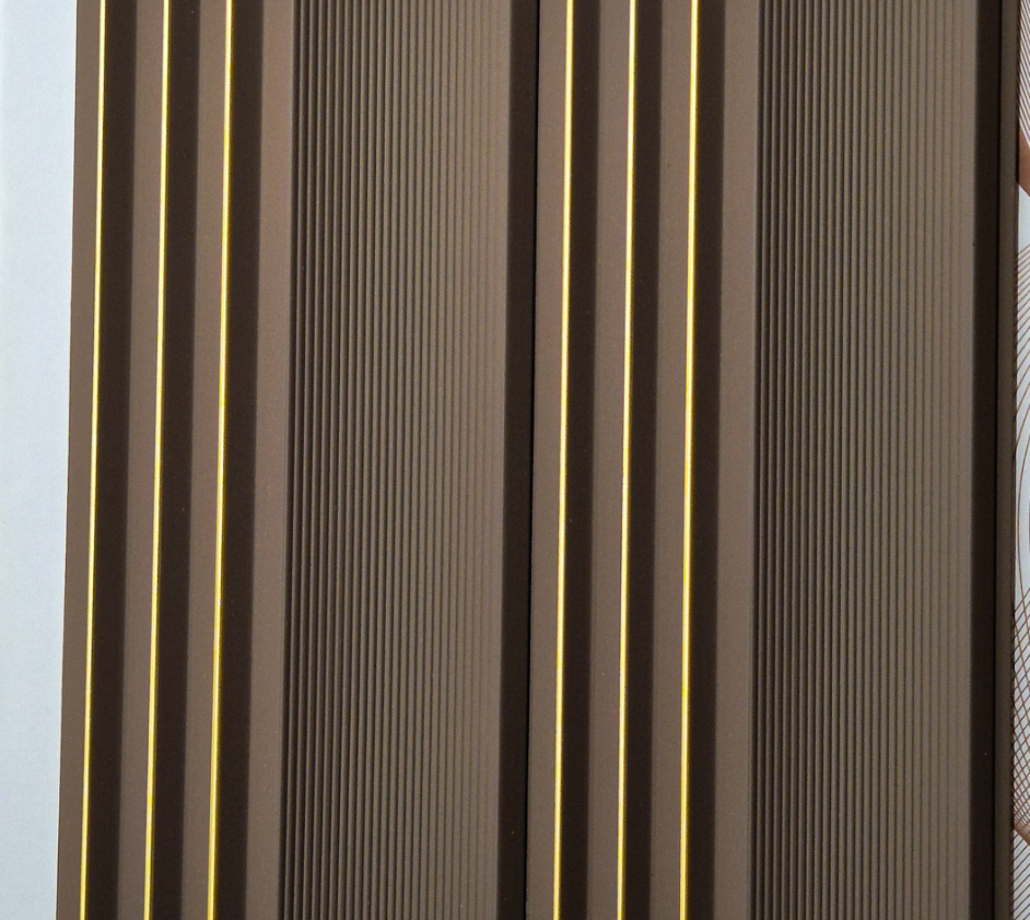 Metaluxe Mauve Brown Fluted louver panel, a mauve-brown fluted panel with gold pinstripe trim