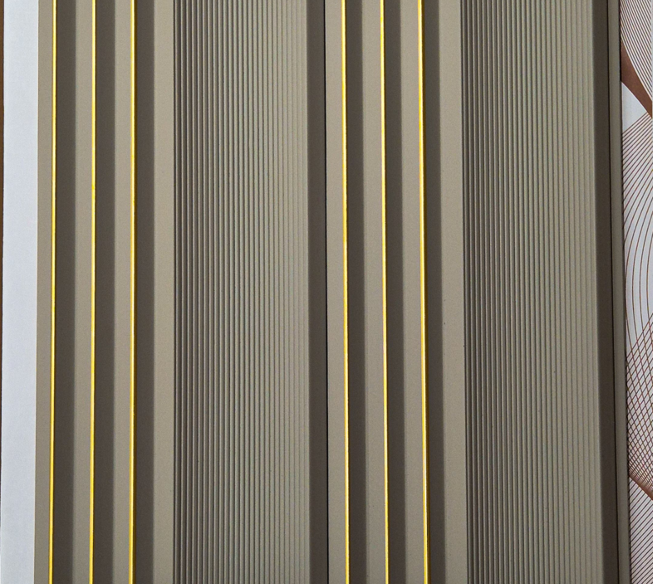 Metaluxe Sage Taupe Fluted louver panel, a taupe-and-sage fluted panel with gold pinstripe trim