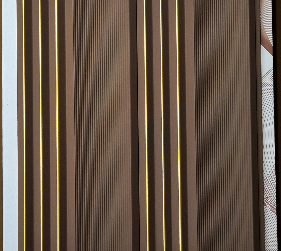 Metaluxe Cocoa Brown Fluted louver panel, a warm cocoa-brown fluted panel with gold pinstripe trim