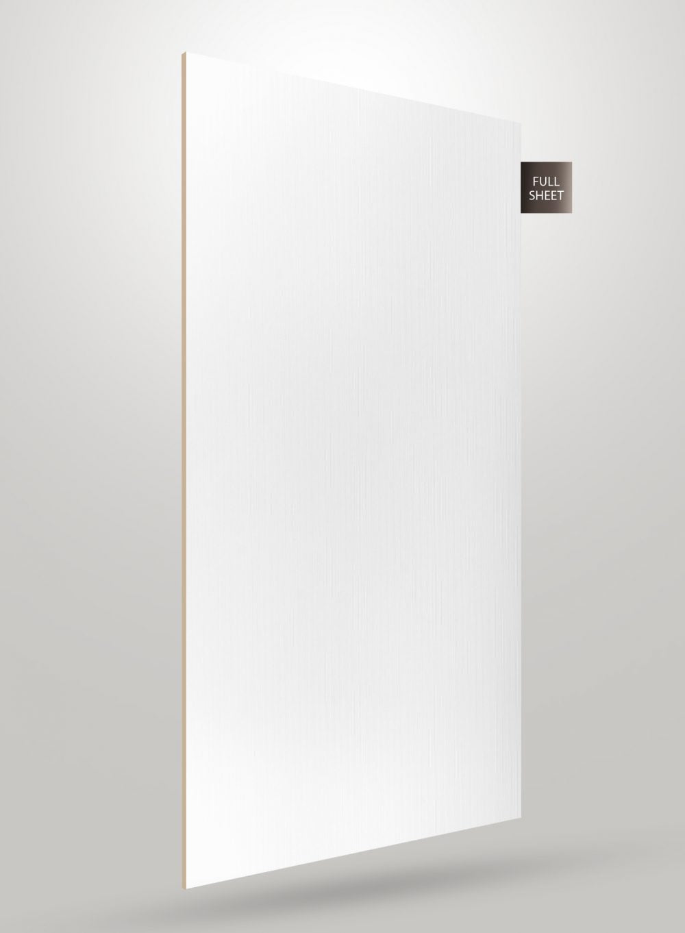 White decorative laminate sheet with fluted pattern and matte finish, shown in full sheet view with subtle texture visible.