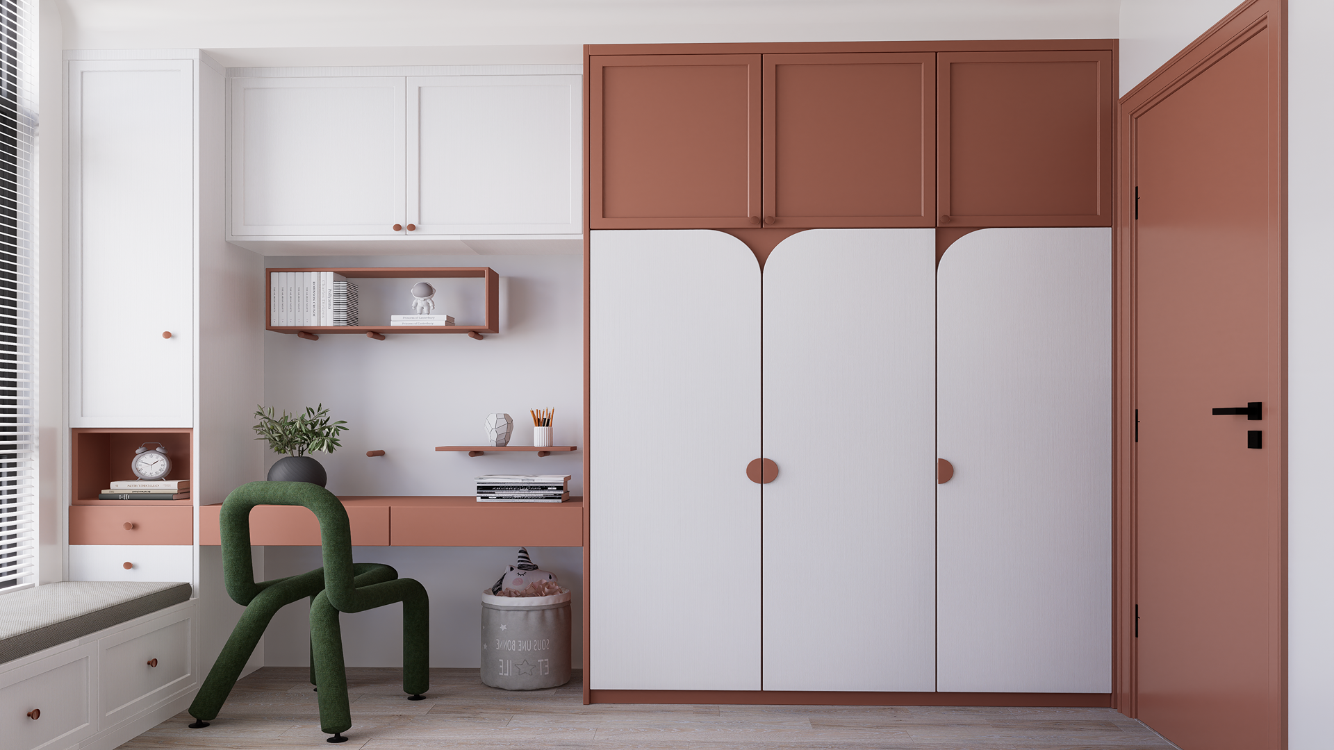 White matte laminate with fluted pattern on wardrobe doors in a modern room with brown accents and furniture.