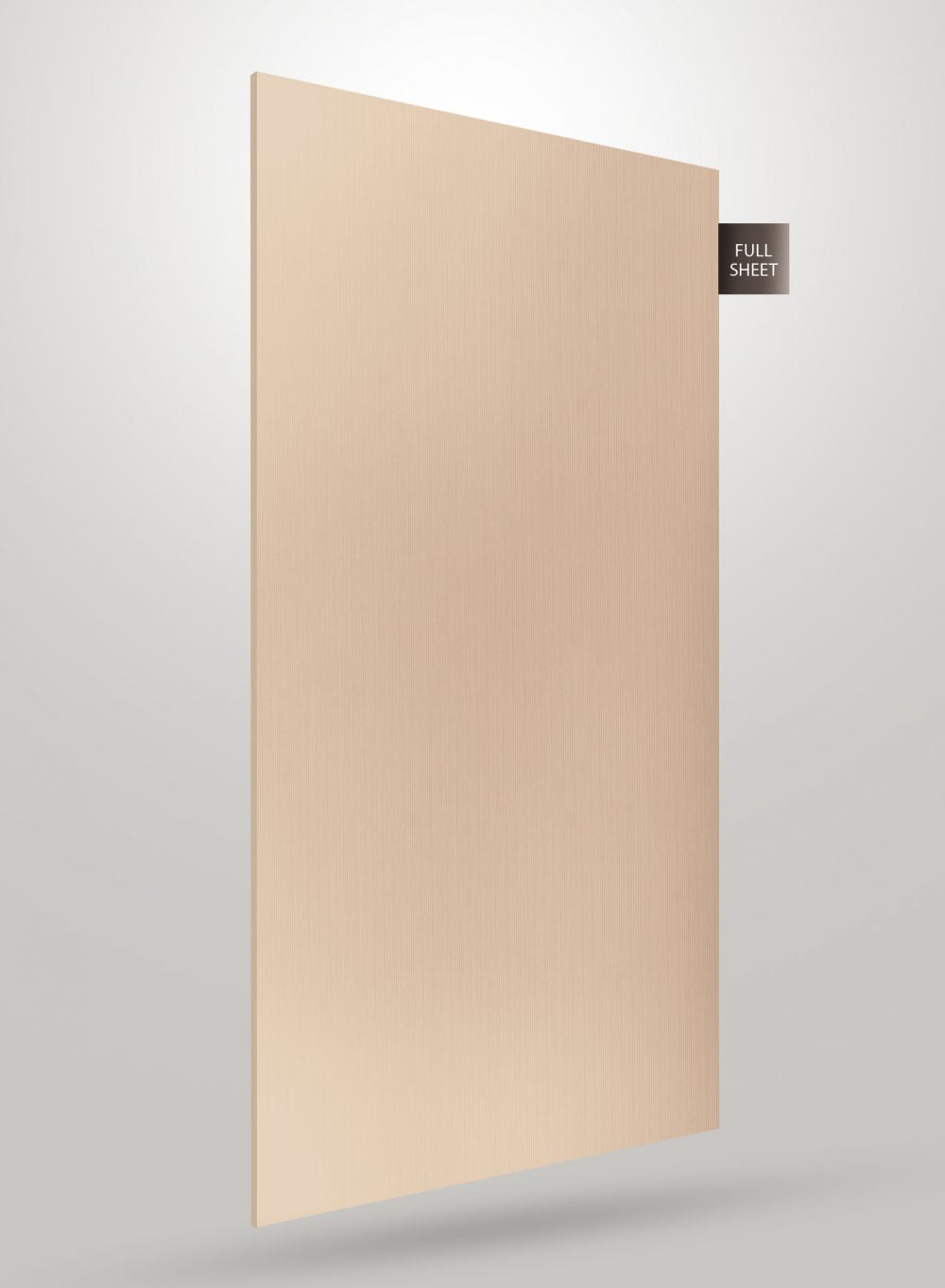 Beige matte fluted laminate sheet with vertical ridges and smooth finish displayed at an angle with full sheet label.
