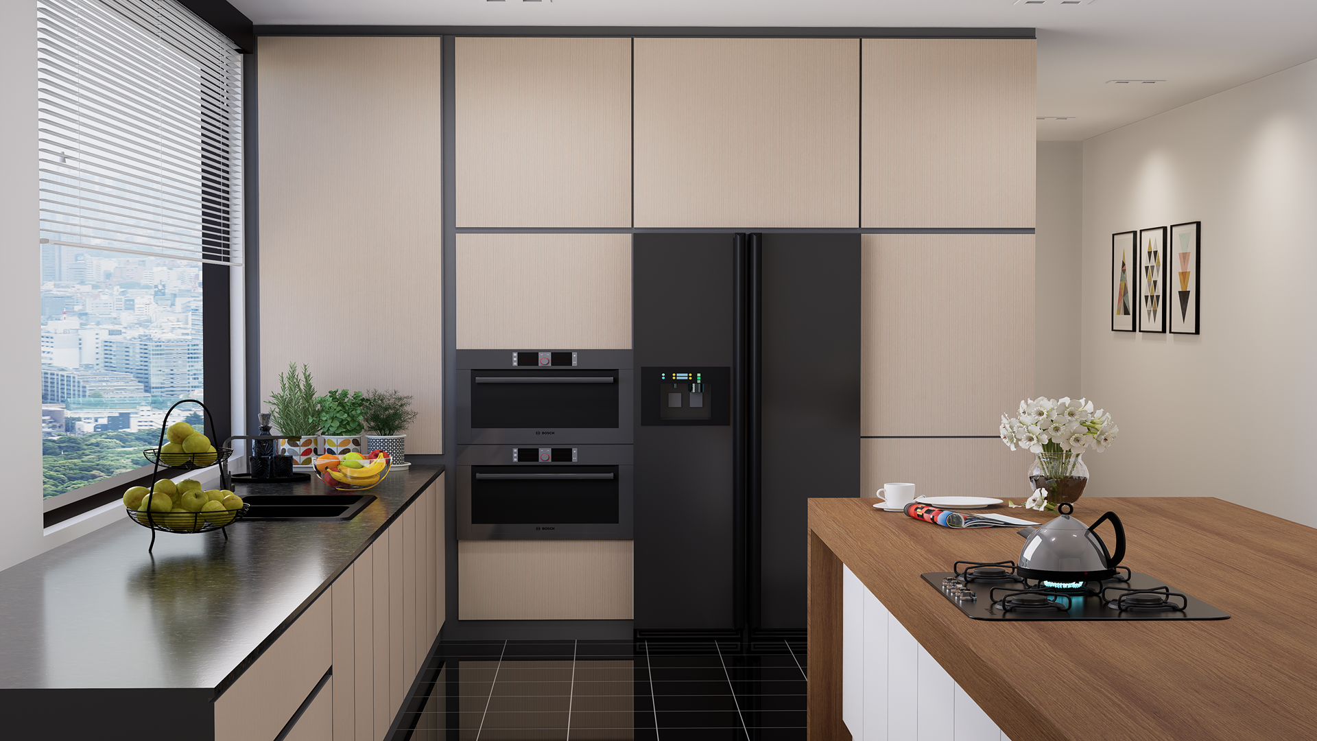 Beige matte fluted laminate kitchen cabinets with vertical texture and black handles in a modern kitchen setting.